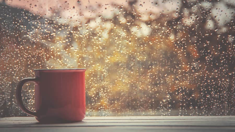 Red mug in front of rain covered window