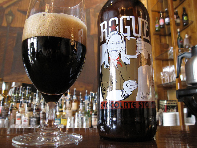 Product photo of Rogue's chocolate stout in a bar setting