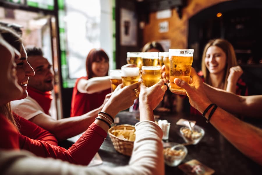 Group of people toasting beer in pub