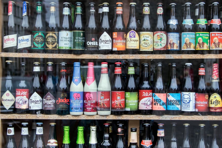 Belgian beers stored on shelves