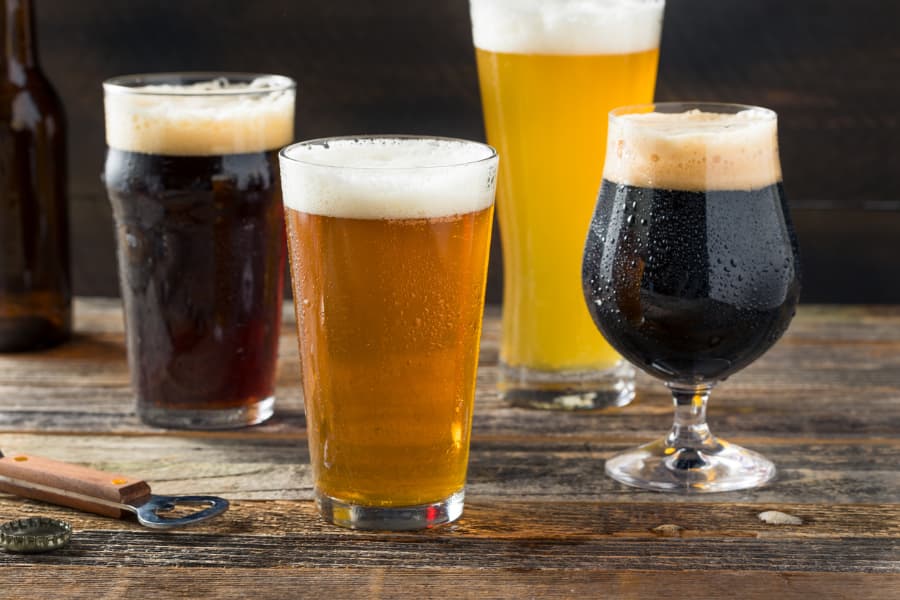 Beer assortment in variety of beer glasses 