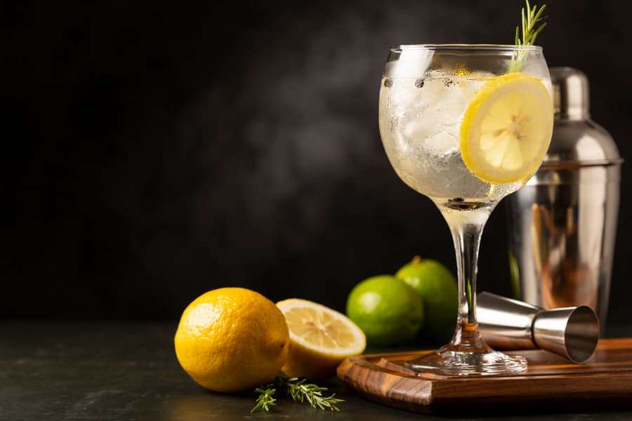 Gin tonic served in glass garnished with lemon and rosemary