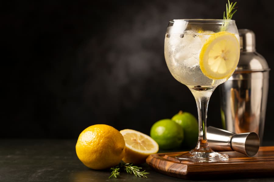 Gin tonic served in glass garnished with lemon and rosemary