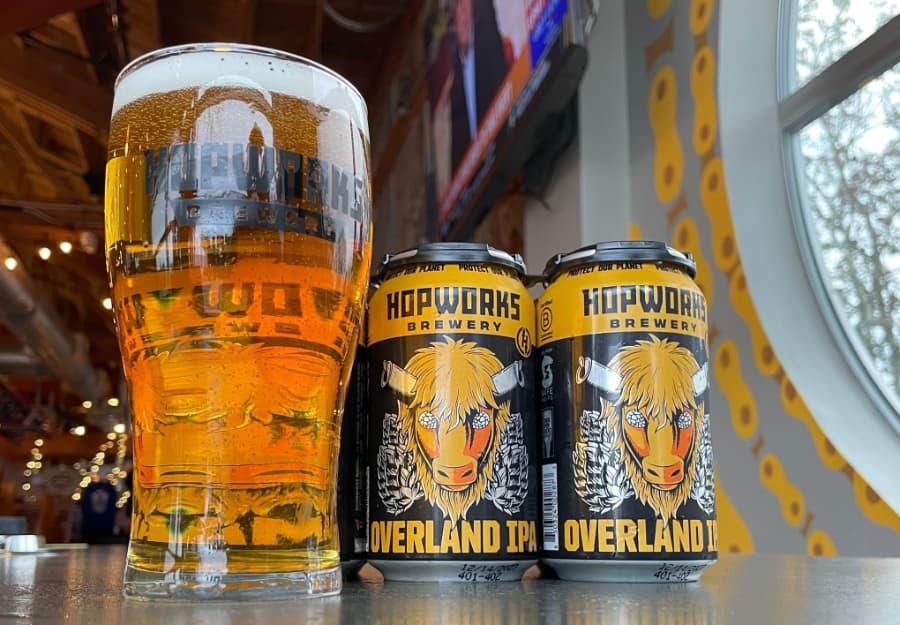 Hopworks Brewery Overland IPA beer cans and glass